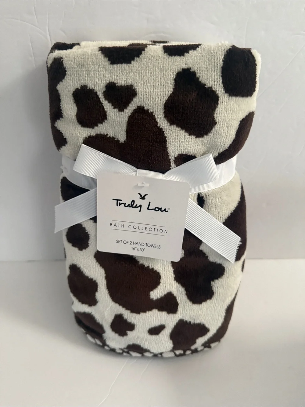 NWT Truly Lou 6 Piece 100% Cotton Bath Towel Set Brown & Cream Cow Animal Print
